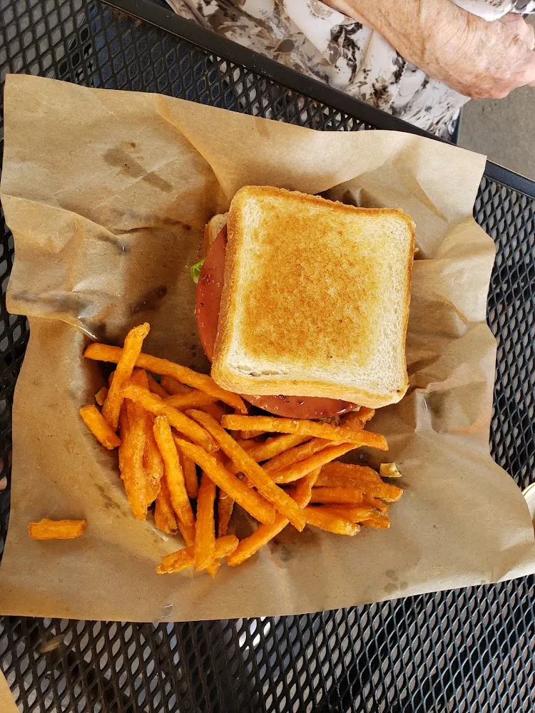Smoked Bologna Sandwich with Sweet Potato Fries